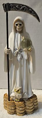GRIM REAPER SANTA MUERTE OWL BALL MONEY SCYTHE FANTASY FIGURINE WHITE