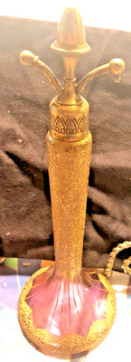 DeVILBISS   ART DECO TALL LAVENDER  GLASS  HEAVY GILDED ATOMIZER PERFUME BOTTLE