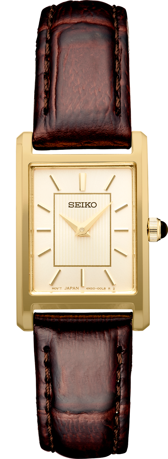 Seiko Essentials Beige Dial Brown Band Square Gold Case