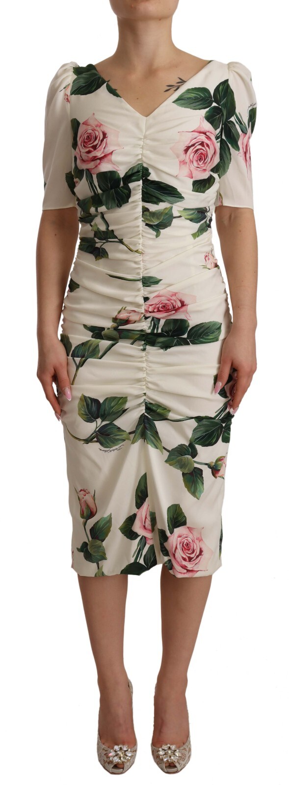 

DOLCE - GABBANA Платье с принтом «Белые розы» из эластичного шелка и плиссе IT38 / US4/  $2300, Белый