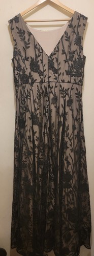 Pre-owned Karl Lagerfeld Paris Women's Illusion A-line Embroidered Gown Black Sz 16