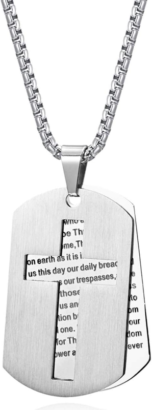 Dog Tag Lord'S Prayer Our Father Cross Pendant Necklace for Boys Women Men 24