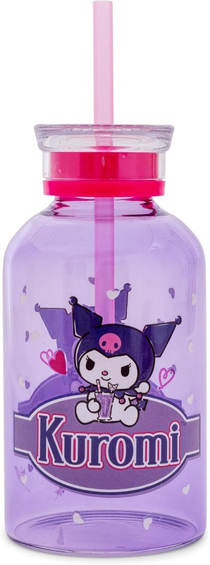Kuromi Sitting on Label 15Oz Glass Milk Bottle with Straw, Hello Kitty and Frien