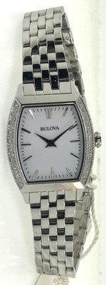 Pre-owned Bulova Diamonds 96r196 Women's White Tonneau Analog Stainless Steel Dress Watch
