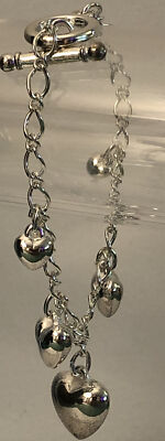 Vtg SETA 7.25 Silver Tone Chain Bracelet With Heart Charms Korea