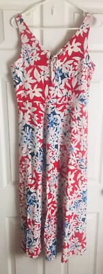 Chaps Womens Large Maxi Dress Red Floral Lace Up Front 100% Cotton Boho Casual