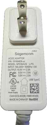 Sagemcom AC/DC USB-C Wall Charger Adapter 15V-2.5A, 9V-2A, 5V-2A NPD36AUS