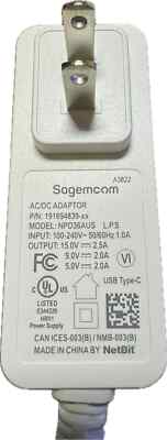 Sagemcom AC/DC USB-C Wall Charger Adapter 15V-2.5A, 9V-2A, 5V-2A NPD36AUS