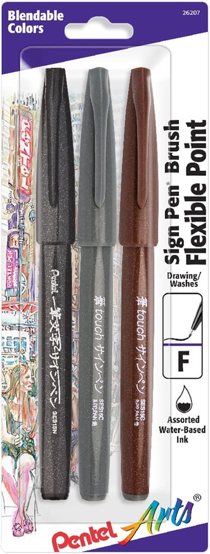 Arts Sign Pen Touch, Fude Brush Tip, Black/Grey/Sepia Pack o