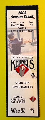 Cedar Rapids KERNELS vs. Quad City River Bandits Full Unused Ticket 4-12-2003