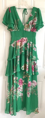 Lulus Maxi Dress Midnight Mood Green Floral Print Tiered A-Line Spring Party S