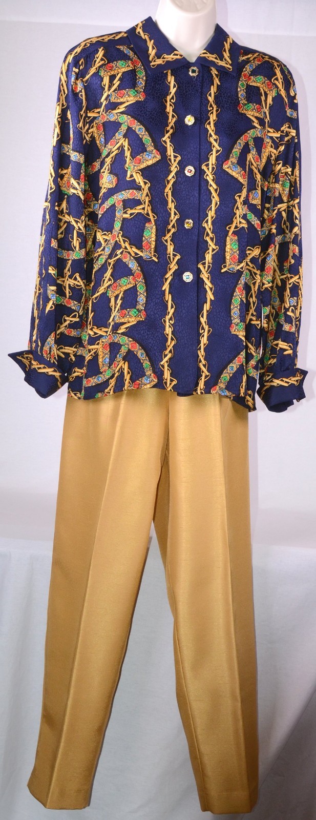 Designer ADRIANNA PAPE'LL 2PC  Navy & Gold Pants Outfit 100% Silk Women Sz 12