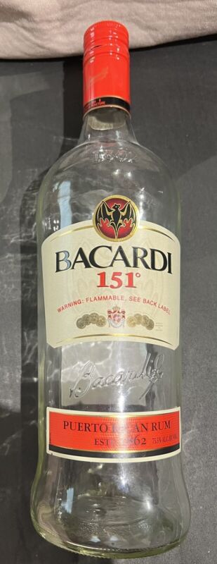 Bacardi 151 empty glass 1.0 L Bottle w/Flame Arrester Cap