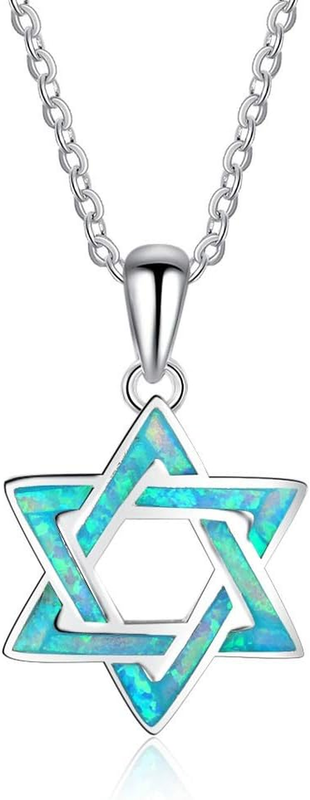 Sterling Silver Lovely Jewish Star of David and Blue Opal Pendant Necklace Gift