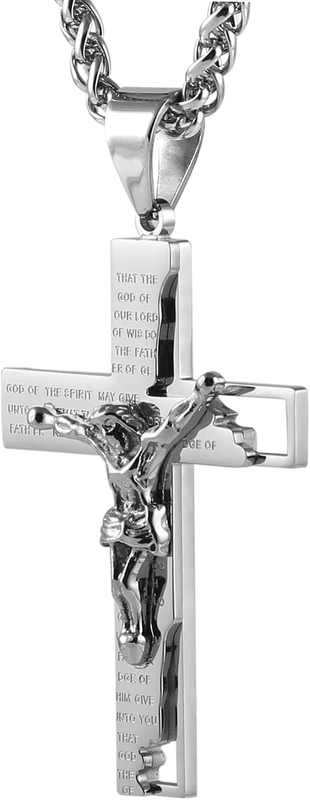 Men'S Stainless Steel Cross Crucifix Bible Prayer Pendant Necklace 22+2" Chain