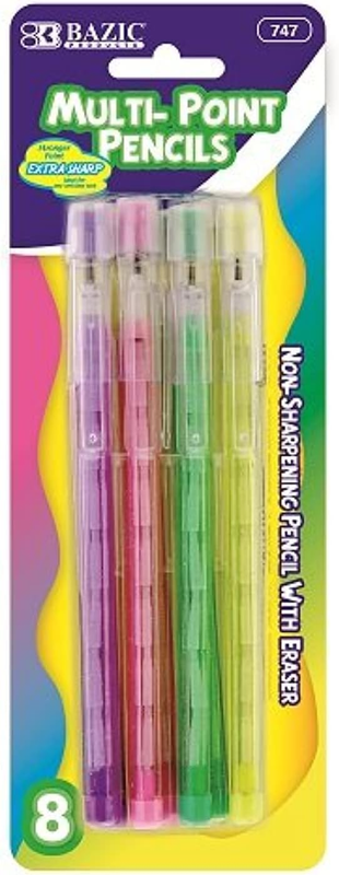 BAZIC Transparent Multi-Point Pencil. Non-Sharpening Pencil W/ Eraser (8/Pack) ☑