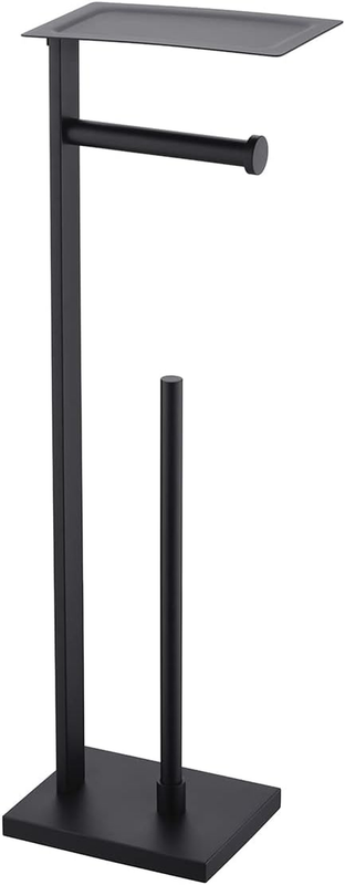 Matte Black Freestanding Toilet Paper Holder with Shelf, Paper Towel Dispenser Storage Organizer for Bathroom Square Style, F04B2