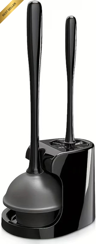 Black Toilet Brush and Plunger Set with Compact Storage Holder Bathroom Bowl Cle