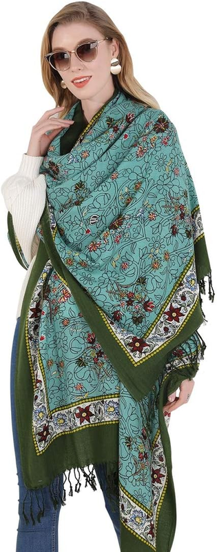 Merino Wool Pashmina Shawl for Women, Oversized Floral Travel Wrap High Quality 
