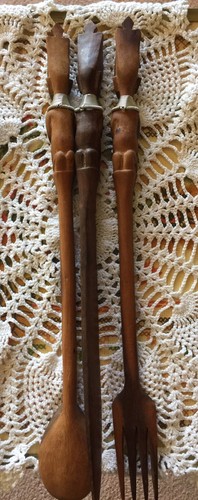 VTG Wood African Women Wall Decor Spoon Fork Knife Hand Carved 3 Pc Set 15