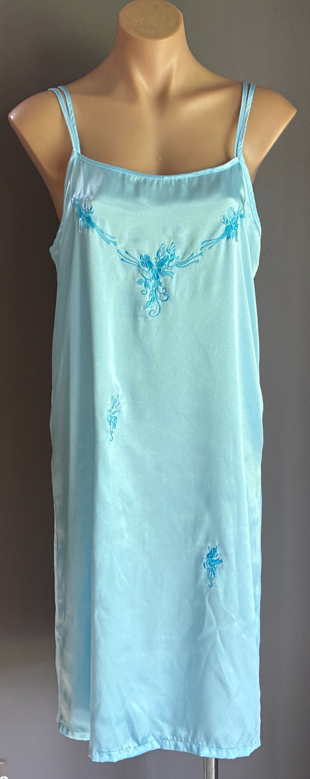 Light Blue Chemise Size 14 Embroidered Blue & White Flowers Double Straps Slip