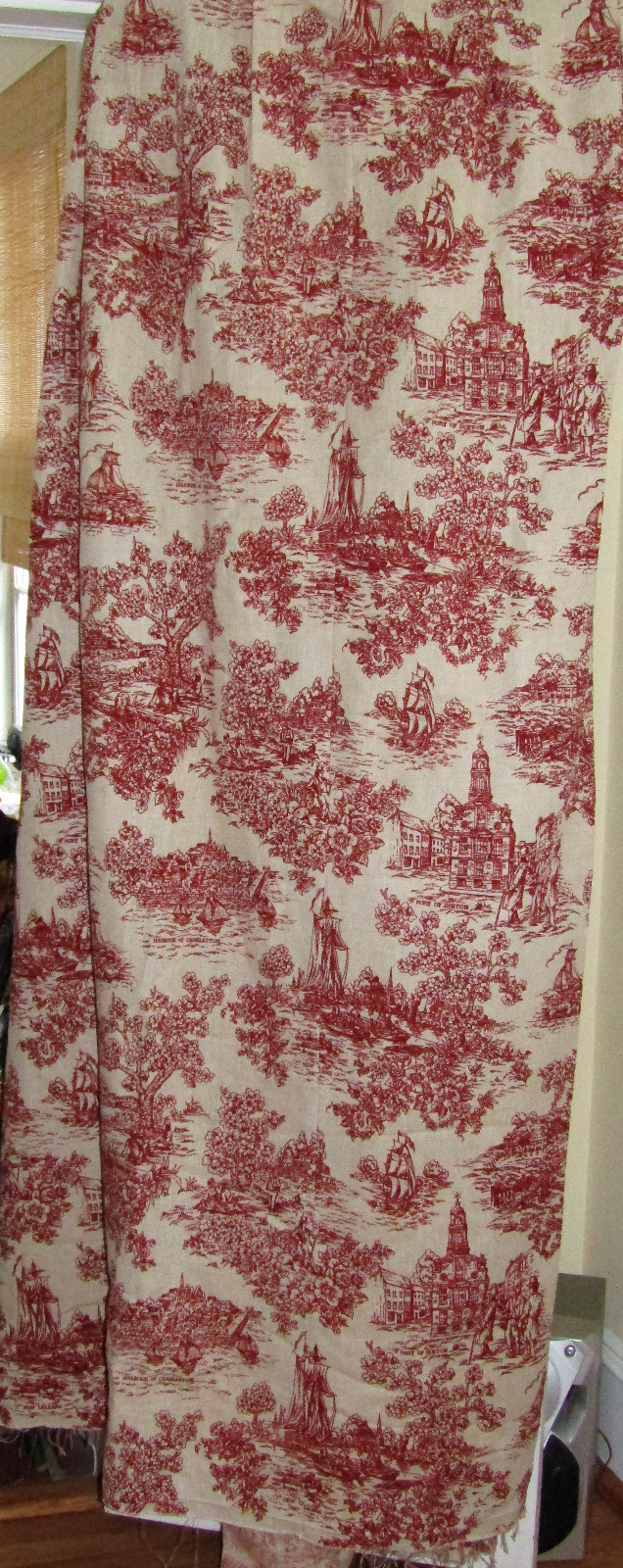 Vintage Linen Drapery Fabric Red Toile Colonial Harbor Towns Panel 96