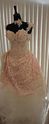 Victorian Blush Champagne Ivory Corset Embroidered Lace Tulle Wedding Ball Gown