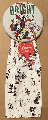 Disney Christmas Mickey & Friends MERRY AND BRIGHT Hanging Kitchen Towel NEW