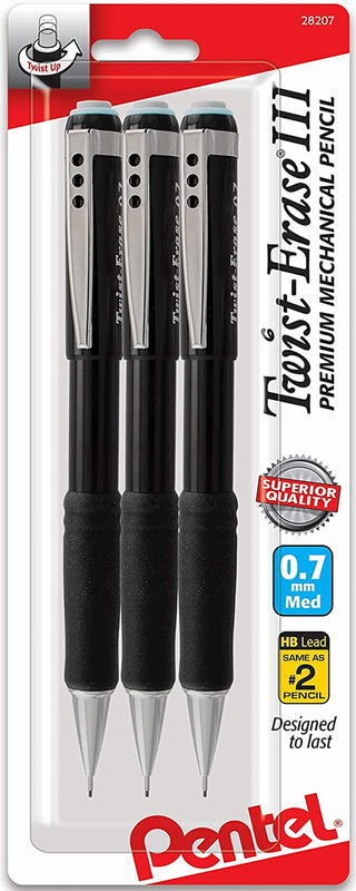 Mechanical Pencil,  Twist Erase .7 MM, Twist-Erase III Automatic, 3 Pack, Black✔