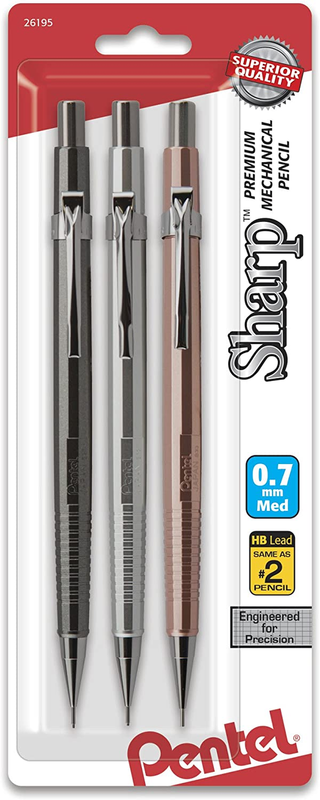 Pentel Sharp Mechanical Pencil 0.7Mm Metallic Barrels, Assorted Colors, Pack of