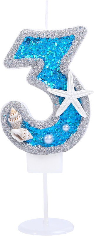 Birthday Candles for Cake Number 3 for Boy Girl, Toddler under the Ocean Sea Blu