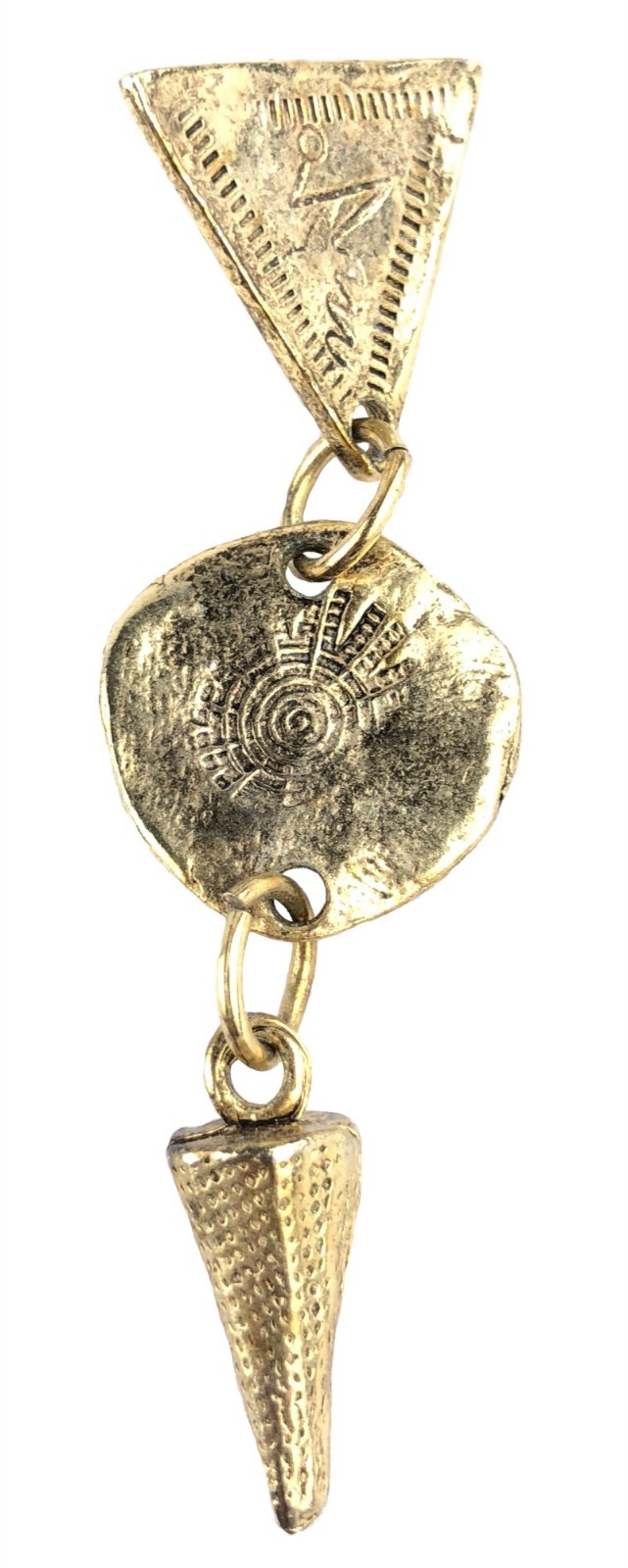 Single Dangle 3 Part Goldtone Earring Petroglyph Style Engraved Markings Saturn