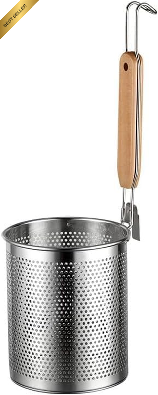 Mesh Pasta Basket Food Strainer Hot Pot Colander with round Wooden Handle Stainl