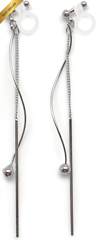 Clip On Earrings Women Dangle Silver Wave Bar Stick Ball Long Chain Invisible No