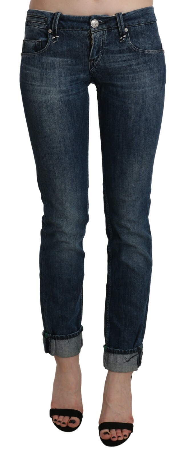 

ACHT Jeans Хлопковые синие потертые узкие джинсовые брюки из денима с заниженной талией s. W26 $300, Синий