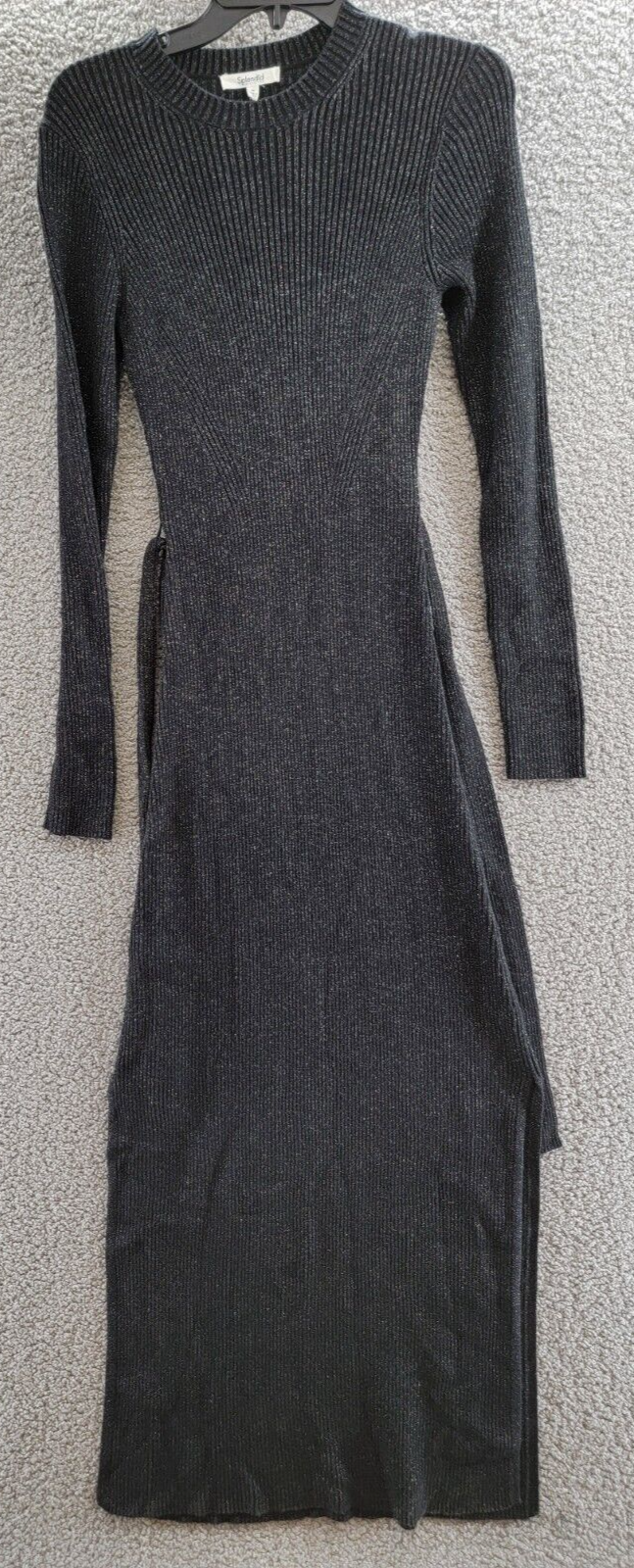 Splendid Koda Ribbed Metallic Sweater Dress Women's M Black Silk Blend Pullover~ - Picture 2 of 16