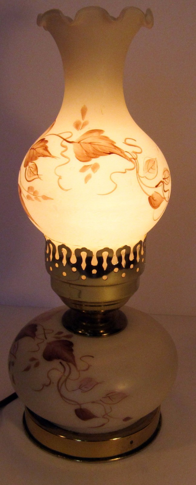 Vintage Electric Glass Lamp with Painted Leaf Pattern