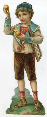 Oblate scrap die cut chromo / Kind Junge Knabe Schläger zwei Bälle 23,8 cm