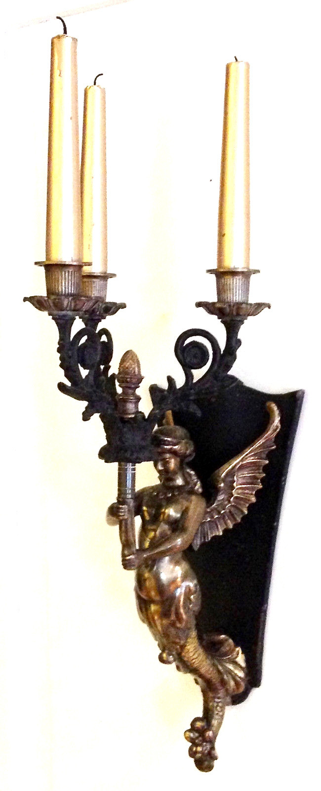 Pair of Vintage French Bronze Brass Mermaid Candelabra Wall Sconces
