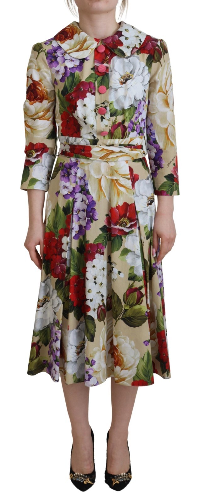 

DOLCE - GABBANA Платье миди из хлопка разноцветного цвета с цветочным воротником IT40/US6/ 2330usd, Multicolor
