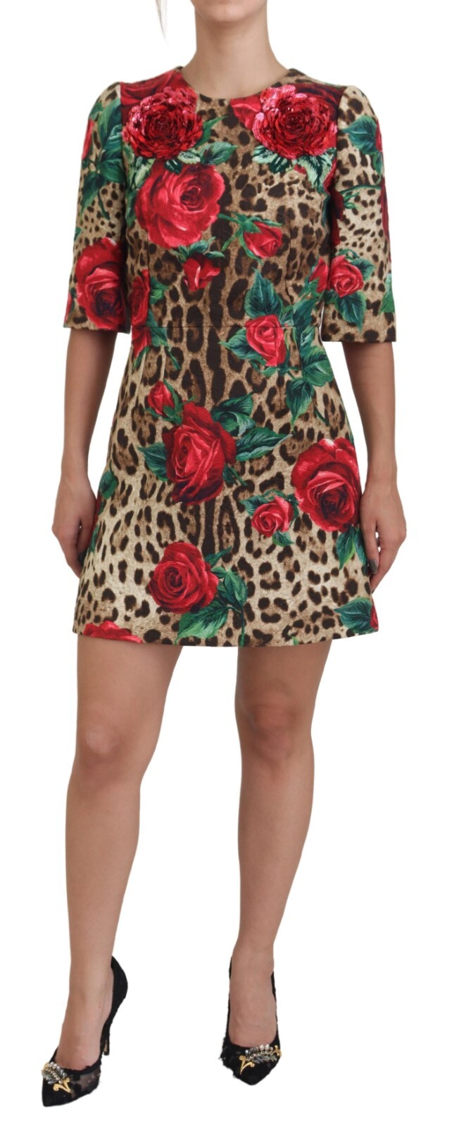 

DOLCE - GABBANA Платье Коричневый Леопардовый Красные Розы Хлопок А-силуэта IT38/US4/ 2930usd