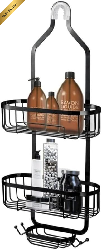 Wall-Mounted Black Metal Bathroom Storage Rack – Punch-Free Shower Organizer wit