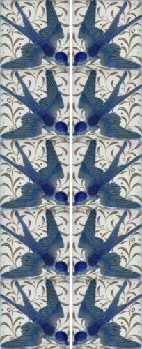 William De Morgan Swallow Kiln Fired Fireplace Tile Set (10 tiles) 
