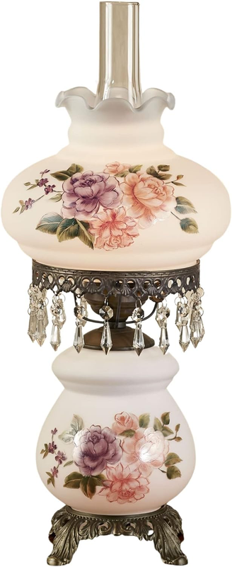 Brook Floral Handpainted Hurricane Table Lamp White Floral Motifs - Metal Base, Glass Shade, Scalloped Edges - Vintage Bedroom Aesthetic - Victorian Style Parlor Lamps for Bedroom