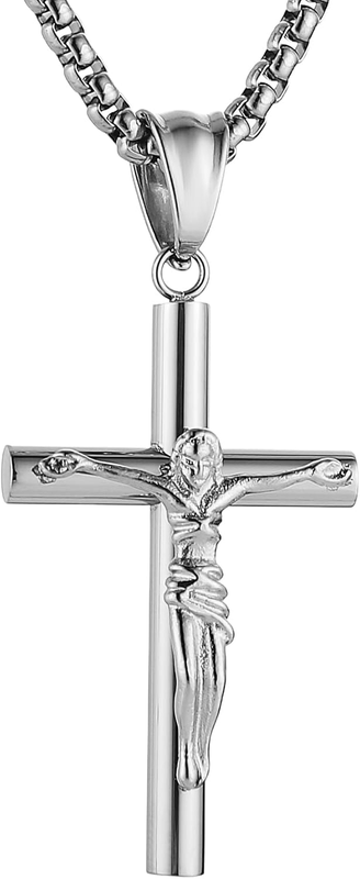 Crucifix Necklace for Men Women Stainless Steel Cross Pendant with 22+2 Chain