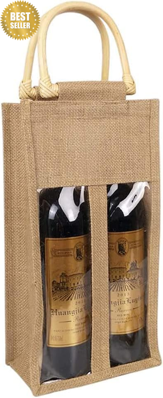 Eco-Friendly Wine Bottle Bag Jute Tote with Cane Handle Packaging Wine Bag for C