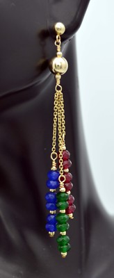  New 14K Solid Gold Natural Ruby Emerald Sapphire Drop Earrings