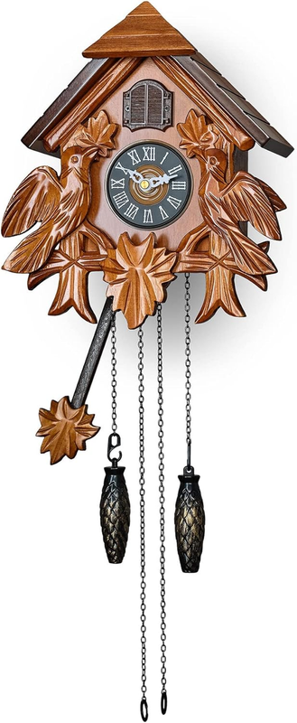 Cuckoo Clock with Night Mode, Quartz Movement and Wooden Decorations (Brown)