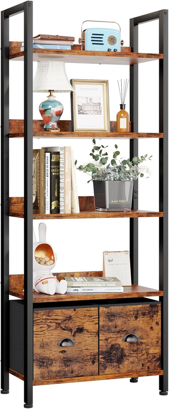 Furologee 5-Tier Bookshelf, Tall Bookcase with 2 Storage Drawers, Industrial Dis