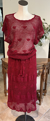 Sunny Sunday Vintage 70s Women Large Red Crochet 2 Pc Skirt & Top Outfit T